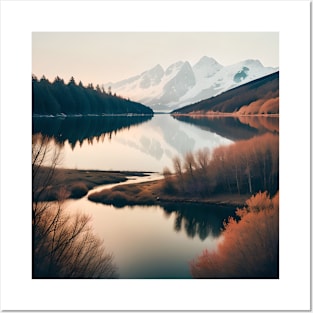 Nature Scandinavian Art Snowy Mountain Burgundy Autumn Lake Posters and Art